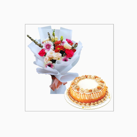 Bouquet of flowers and a cake on a white background